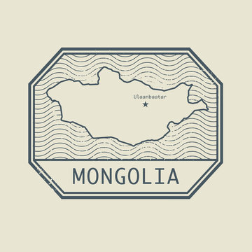 Stamp with the name and map of Mongolia