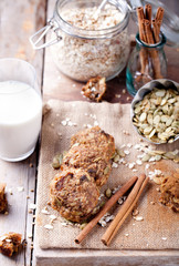 Oat and peanut butter cookies with glass of milk