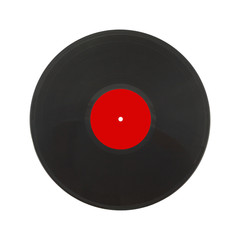 Single black long-play record with red label isolated on white background. Square Photo closeup