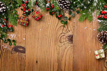 Winter background with natural green plants and xmas decoration