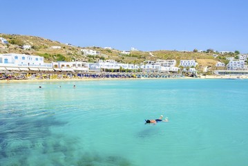 Platis Gialos beach on greek island Mykonos, Greece. A view of the crystal clear blue sea, sunbeds, sun umbrellas, golden sand, whitewashed houses and a woman snorkeling in the water on a summer day. © f8grapher