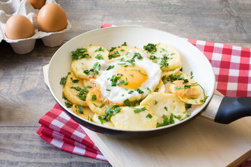Potatoes, fried eggs and parsley in a frying pan