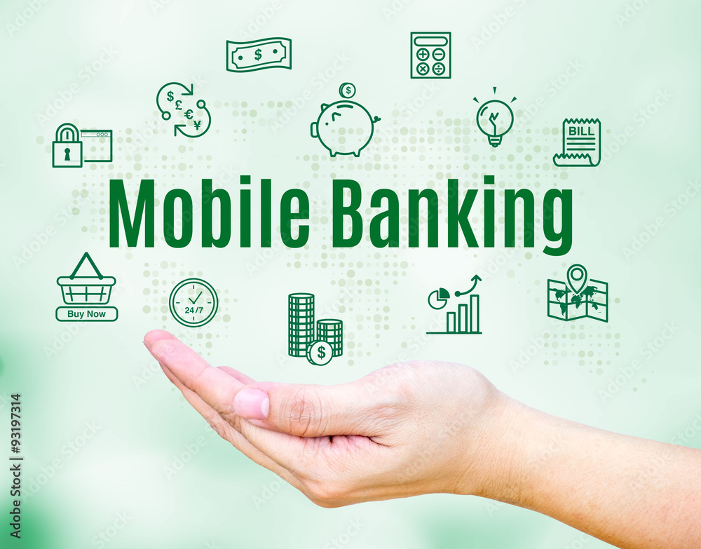 Poster Open hand with Mobile banking word and feature icon,Internet Ban