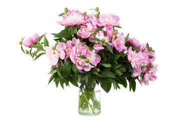 Naklejka na ściany i meble Big bouquet of pink peonies in a transparent vase, it is isolated, a white background
