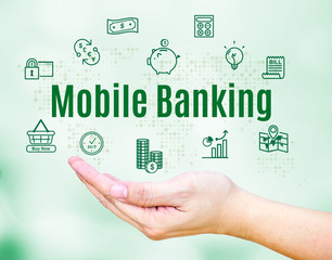 Open hand with Mobile banking word and feature icon,Internet Ban
