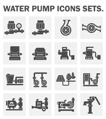 Water pump station icon. Consist of centrifugal, submersible and well pump. Powered by engine, hand and electric motor with solar energy. For water supply infrastructure, plumbing and irrigation.