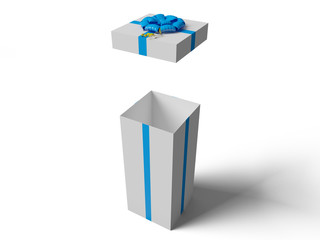 Open White gift box with blue ribbon bow