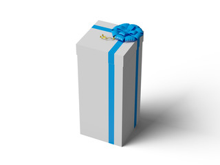 White gift box with blue ribbon bow