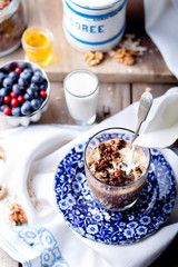 Molasses glazed oatmeal granola with milk