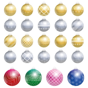 Twenty-four christmas tree balls - four are bigger - kind of an advent calendar - illustration over white background.