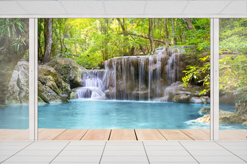 Waterfall, green forest in Erawan National Park in Thailand montage with tile floor. Landscape with water flow, tree, river, stream and rock at outdoor. Beautiful scenery of nature for vacation.