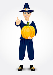pilgrim man holding a pumpkin