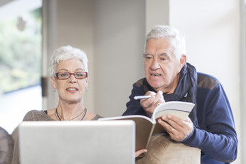 Senior couple using laptop together