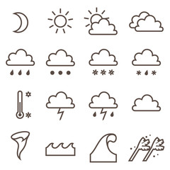 Fototapeta premium Weather linear icons set. Cloud, sun, precipitation