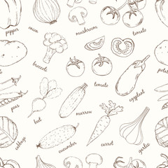 Vegetables with names seamless pattern.