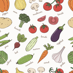 Vegetables with names seamless pattern.
