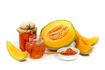 Cantaloupe Melon Jam or Compote on white background. Selective focus.