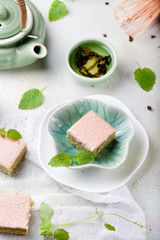 Matcha green tea cakes with white chocolate glaze