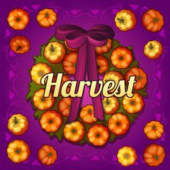 Wreath on the door of pumpkins, autumn harvest