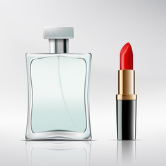 Bottle of perfume and lipstick.