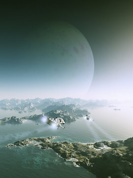 Science fiction illustration of a moon rising on a alien planet with scout ships flying over rocky islands, 3d digitally rendered illustration