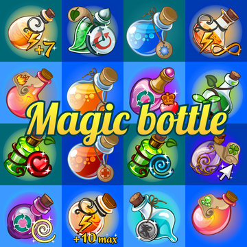 Big set of different magic bottles