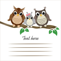 Three cute owls on a tree branch with old paper scroll. Template for greeting card or cover of notebook. Vector background with family of owls on the branch.