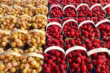 Raspberries and physalis