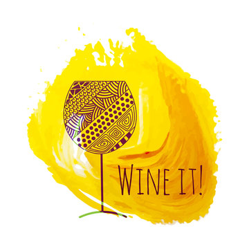 Decorative zentangle wine glass on yellow acrylic stain.