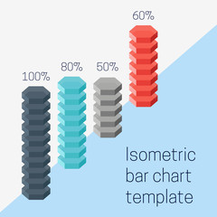 3d isometric colorful chart with bars made of differently sized hexagonal cylinders. Isolated vector illustration.