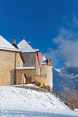 Fototapeta na wymiar Castle of Gruyeres in Switzerland located in the medieval town o