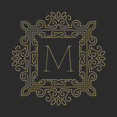 Elegant floral monogram logo design template with letter M. Lineart vector illustration.