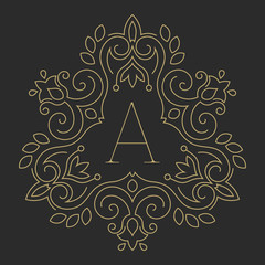 Elegant floral monogram logo design template with letter A. Lineart vector illustration.