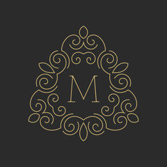 Elegant floral monogram logo design template with letter M. Lineart vector illustration.