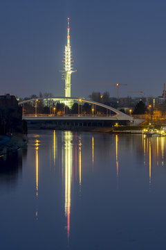 Midland canal and Telemax tower in Hannover at evening.