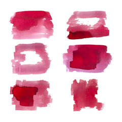 Set of red ink stains with grunge elements made by rectangular brush isolated on white. Vector.