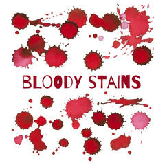 Set of bloody red ink circle stains and spots isolated on white. Vector.