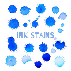 Set of blue ink circle stains and spots isolated on white. Vector.