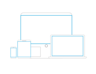 Flat illustration set of modern technology devices - computer monitor, laptop, digital tablet and mobile phone. Isolated on white background