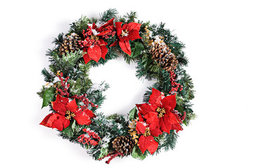 Fototapeta na wymiar Christmas Holiday Wreath Isolated On White With Snow