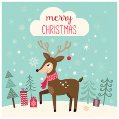 Christmas greeting card with deer in a winter landscape