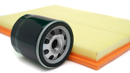 air and oil filter car on a white background close-up