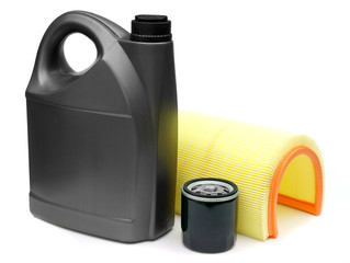 oil, air and oil filter car on a white background close-up