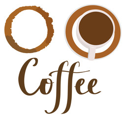 Vector set of coffee symbols: stain, cup and calligraphic word