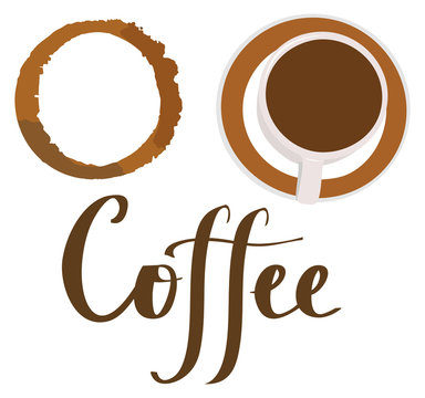 Vector Set Of Coffee Symbols: Stain, Cup And Calligraphic Word