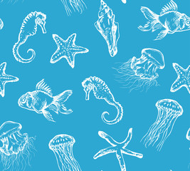Seamless hand drawn pattern with sea creatures