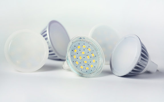 Group of led bulbs closeup on white background.