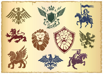 Heraldic vector set with lion, eagle and ornate
