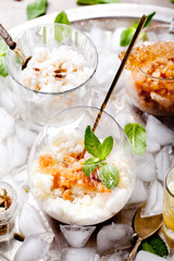 Black tea flavor, milk and lemon granita, sorbet