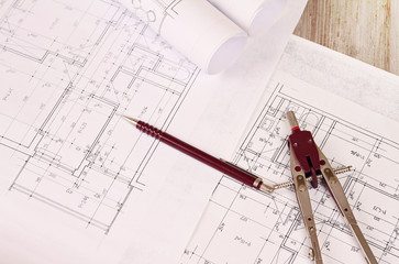 Architecture background: Construction plan tools and blueprint drawings , pen and  divider tool
